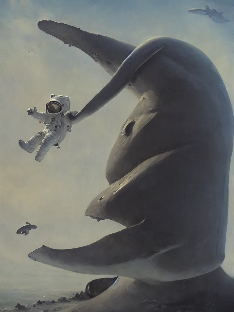 Prompt: astronaut suit in the shape of a whale, epic dark fantasy horror stylized oil painting by ivan shiskin. trending on artstation
