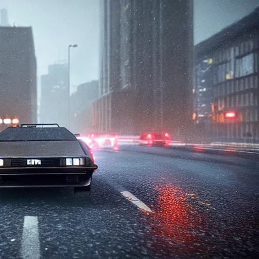 Image similar to hyperdetailed, photorealistic photograph of a dmc 1 2 delorean driving in the streets, rain, night, dense fog, hd, unreal engine 5