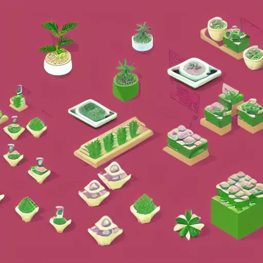 Prompt: isometric cartoon cannabis cafe interior shop axonometric hydroponic cake machine, aluminum sheen, few hyperrealistic plants in detail pots, by benoit mandelbrot, cute minimal concept art illustrated by anni albers