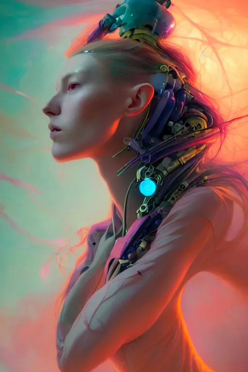 Prompt: a half body image of a beautiful young 28th century super cool post-human female wiht long colorful hair, barely human and largely biomechanical machine, hyper-realistic cyberpunk style, Peter Mohrbacher Takayuki Takeya moody, face by Yanjun Cheng, Irakli Nadar, dramatic cinematic lighting rendered by octane, 8k, detailed, intricate, clean and textures, trending on artstation, deviantart google images, pinterest