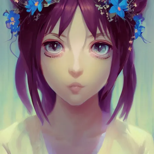 Image similar to portrait of anime pixie character with flower crown hair, manga cover, highly detailed, digital painting, artstation, concept art, sharp focus, illustration, strong brush stroke, anime, art by greg rutkowski, ilya kuvshinov, sharp focus, ghibli studio, art by ilya kuvshinov, rossdraws