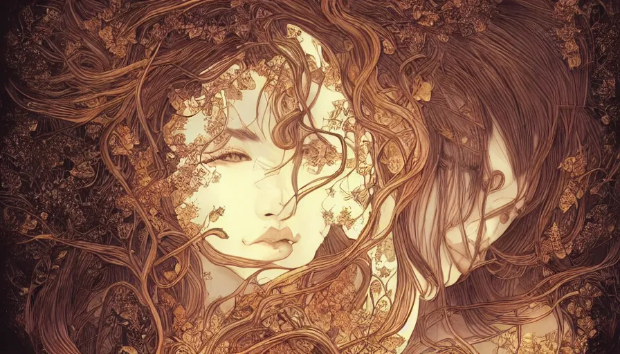 Image similar to golden leaves at frame border, moon, creative!!! composition for a book cover!!!, absurdly beautiful, ultrafine hyperrealistic detailed old!! witch face by wlop and artgerm and alphonse mucha, intricate linework, sharp focus, smooth, octopath traveler, final fantasy, unreal engine, dramatic lighting, ethereal, 8 k