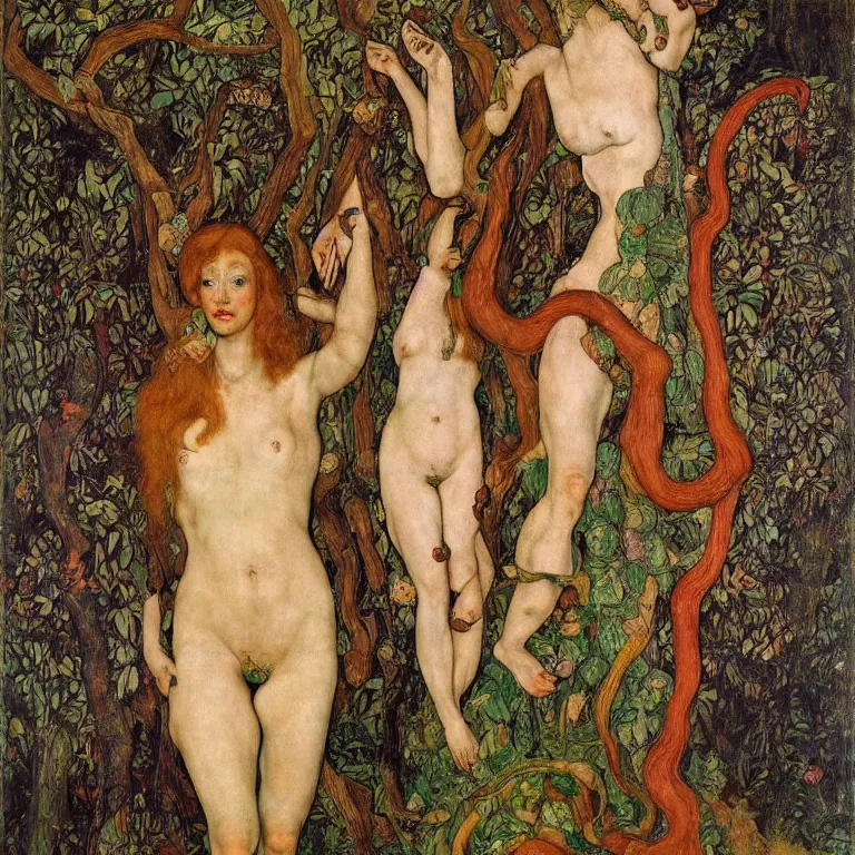 Prompt: a dryad venus, transforms herself into a snake. around her are tropical birds and orchids. painted by jan van eyck, egon schiele and max ernst, trending on artstation, 8 k, award winning