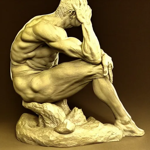 Image similar to scratch sketch of The thinker sculpture in the style of William Bartram with mushrooms at the base