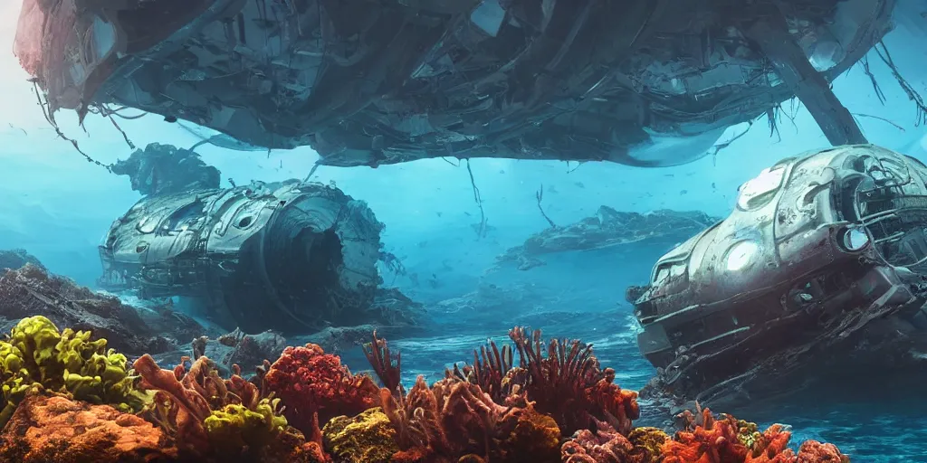 Prompt: underwater enviroment with a crashed alien ship in the background , unreal 5, hyperrealistic, realistic, photorealistic, dynamic lighting, highly detailed, cinematic landscape, studio landscape, studio lighting