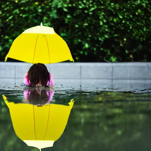 Prompt: a photograph of a reflection of a little girl in a yellow raincoat looking into a pool of water