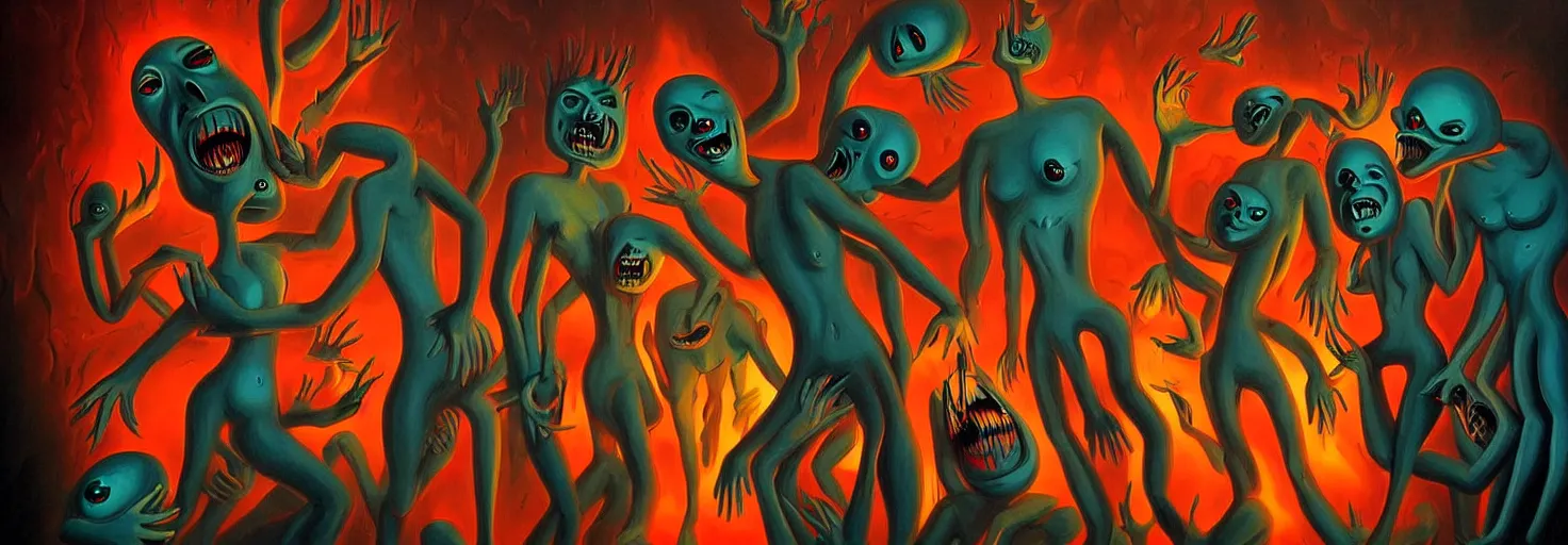 Prompt: visceral freaky obsessive creatures from the darkest depths of collective unconscious, dramatic glowing lighting, 1 9 3 0 s fleischer cartoon characters, wild emotional expressions - surreal painting by ronny khalil