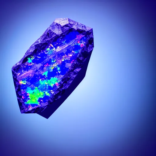 Prompt: a rare mineral rock, in a dark studio room, vaporwave theme. Microscopic view. Tanzanite, Opal, Kunzite. in the style of artgerm.