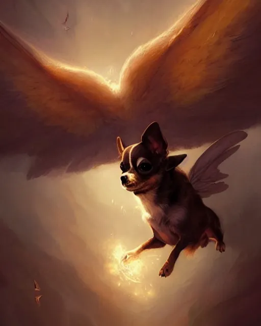 Image similar to a cute magical flying chihuahua with wings, fantasy art drawn by disney concept artists, greg rutkowski, golden colour, high quality, highly detailed, elegant, sharp focus, concept art, character concepts, digital painting, mystery, adventure