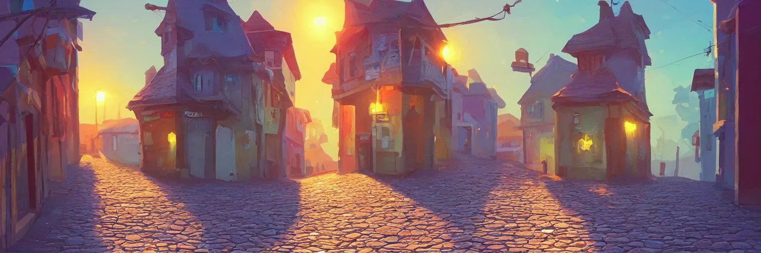 Prompt: a lonely cobblestone street, near the beach and the sea, brightly illuminated by rays of sun, artstation, colorful sylvain sarrailh illustration