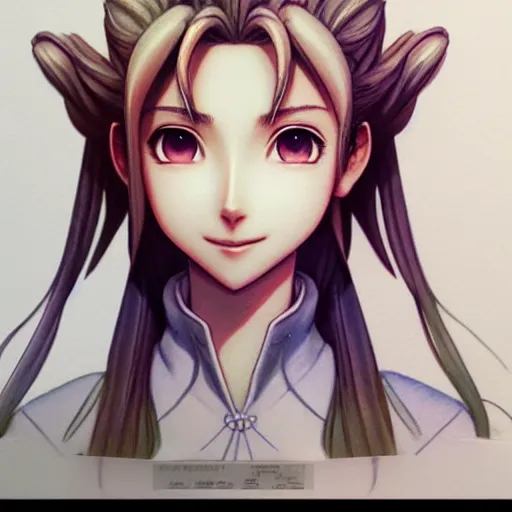 Image similar to daydreaming Aerith Gainsborough close-up portrait looking straight on, complex artistic color ink pen sketch illustration, full detail, gentle shadowing, fully immersive reflections and particle effects, chromatic aberration, statue, art by Artgerm and Range Murata.