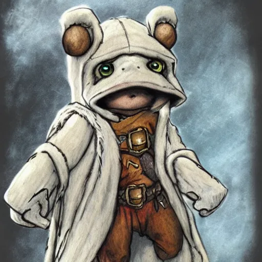 Prompt: a huggable white plush frog paladin cleric wearing a wolf pelt as a hooded cape and sketchbook and pencil while exploring a cave, photorealistic, nature, photography, national geographic, sesame street