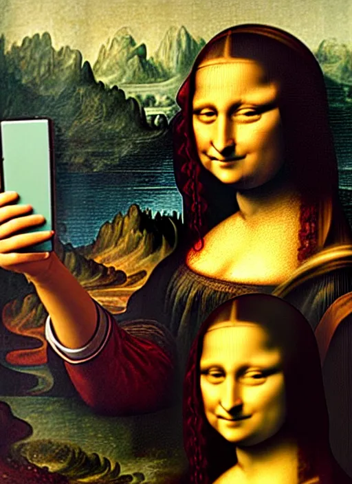 Image similar to oil painting of Mona Lisa holding up an iPhone to take a selfie by Leonardo Da Vinci