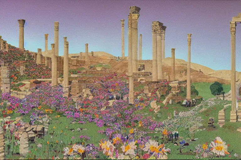 Image similar to night, stars, mecha robot, hanging gardens of babylon, temple of artemis at ephesus, waterfalls, blooming hills with spring flowers and pillars by helen lundeberg