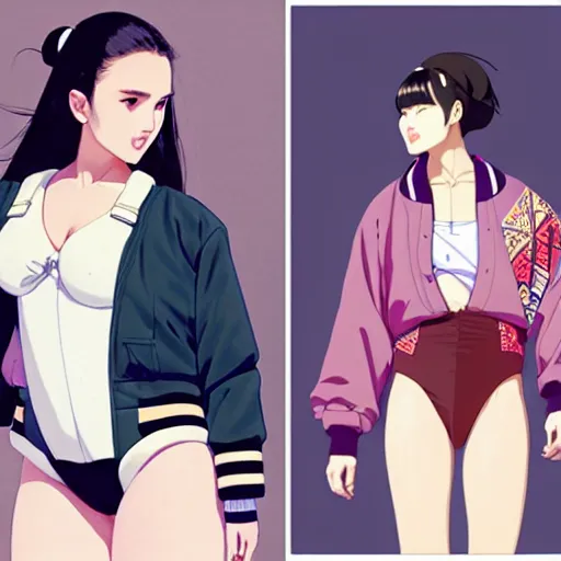 Image similar to a beautiful plus sized model japanese natalie portman, alluring, wearing oversized mayan bomber jacket and leotard with overalls, bulky poofy bomber jacket with mayan patterns, aztec street fashion, gapmoe yandere grimdark, trending on pixiv fanbox, painted by greg rutkowski makoto shinkai takashi takeuchi studio ghibli, akihiko yoshida