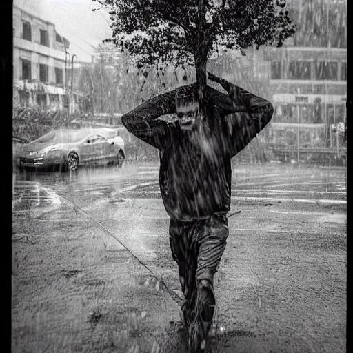 Prompt: The photograph shows a man caught in a storm, buffeted by wind and rain. He clings to a tree for support, but the tree is bent nearly double by the force of the storm. The man's clothing is soaked through and his hair is plastered to his head. His face is contorted with fear and effort. by John Hejduk desaturated, dynamic