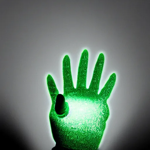 Image similar to a glowing shard of kryptonite held in an open black - gloved hand, pitch black background, glove dimly lit only by the green glow of the kryptonite