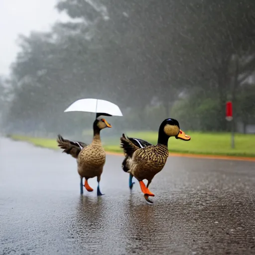 Prompt: ducks crossing the street on a rainy day, dslr photo, f3.5