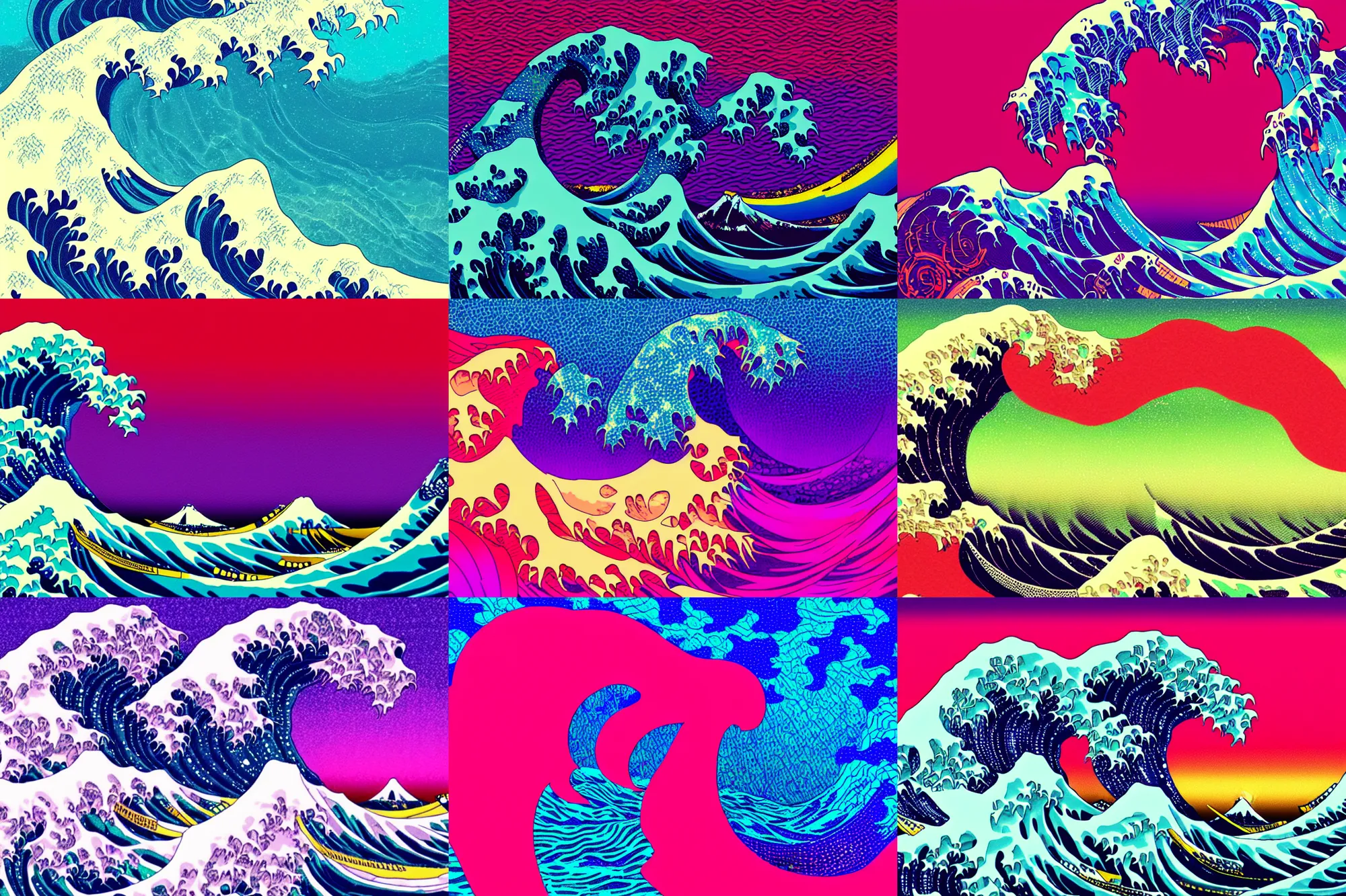 Prompt: great wave, vaporwave vibrant colors, glitch art, glitched, by rosa menkman