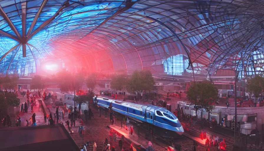 Prompt: outside view of futuristic london and giant blue glass dome train station with red lights, crowded square, trains, trees, volumetric light, hyperdetailed, artstation, cgsociety, 8 k