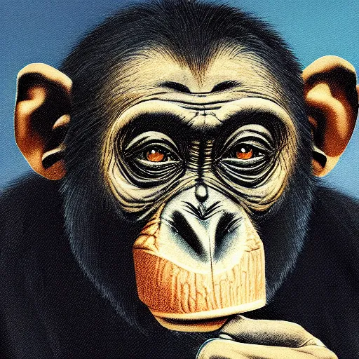 Image similar to a high detail portrait of a chimp wearing a suit 👔,and smoking🚬