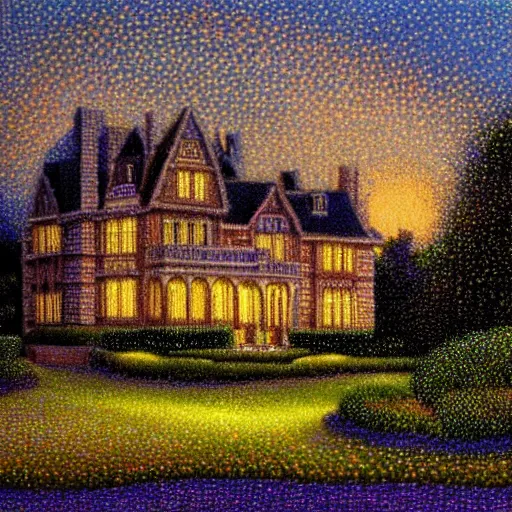 Prompt: Pointillism Painting of a Victorian manor at dusk soft glow HDR