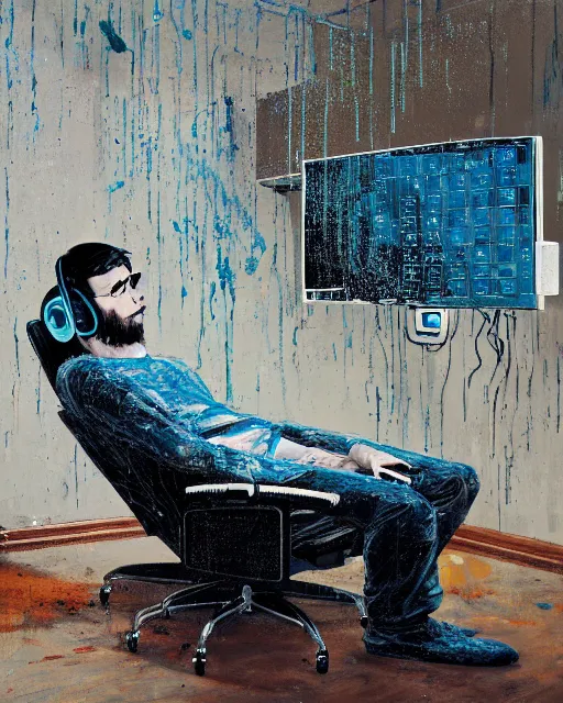 Image similar to a man reclines in a gaming computer chair with headphones on a controller inhand in a domestic interior filled with screens by james jean and luc tuymans and beeple and hernan bas and pat steir and hilma af klint, psychological, 3 d, dripping paint, high quality render, masterpiece