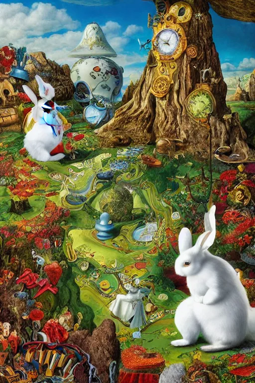 Prompt: the white rabbit is looking at his pocketwatch in wonderland by jacek yerka and salvador dali, detailed matte painting, 8 k resolution