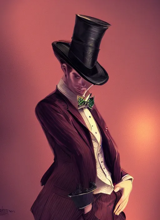 Image similar to a highly detailed illustration of stylish top hat wearing red haired attractive man, wearing suit vest, leaning back pose, intricate, elegant, highly detailed, centered, digital painting, artstation, concept art, smooth, sharp focus, league of legends concept art, WLOP