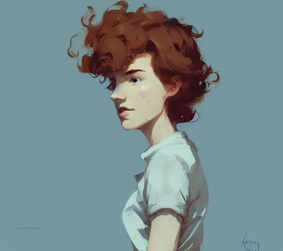 Image similar to portrait woman with short ginger curly hair, by atey ghailan, by greg rutkowski, by greg tocchini, by james gilleard, by joe fenton, by kaethe butcher, by ashley wood, dynamic lighting, gradient light blue, brown, blonde cream and white color scheme, grunge aesthetic