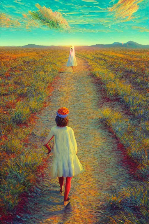 Image similar to giant corn flower head, girl walking in the desert, surreal photography, sunrise, dramatic light, impressionist painting, colorful clouds, digital painting, artstation, simon stalenhag