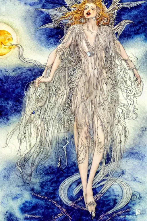 Image similar to moth princess woman howling at the moon with wild hair, art by luis royo and walter crane and kay nielsen, watercolor illustration,