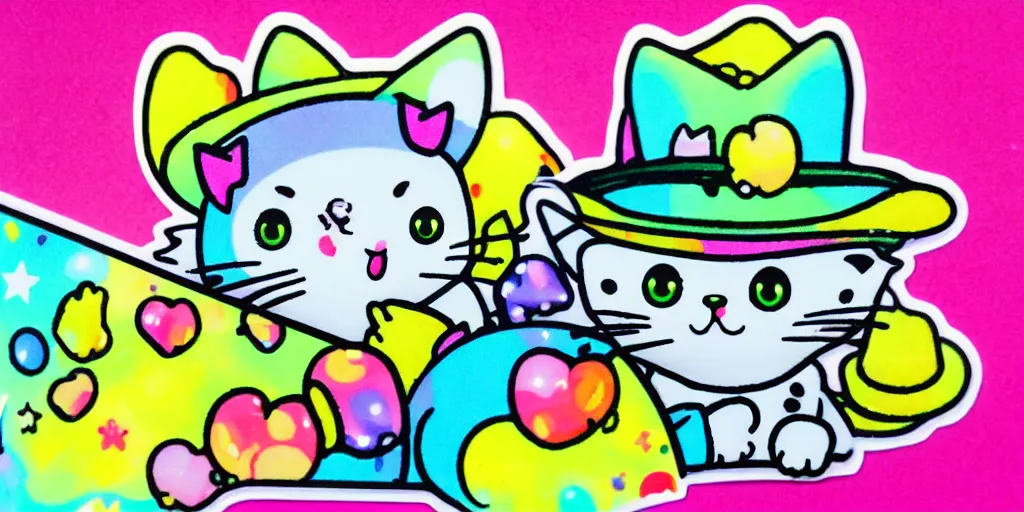 Image similar to a cat cowboy, puffy sticker, glitter sticker, kawaii by studio ghibli, by lisa frank 8 k pastel colours, neon colours, fluorescent colours,