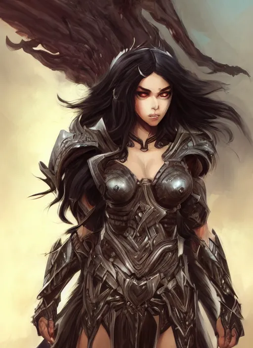 Image similar to beautiful warrior lady, black long hair, practical armor, brown skin, demonic eyes, low fantasy, extremely detailed, sharp focus, smooth, digital illustration, by rossdraws, frank franzzeta, sakimichan