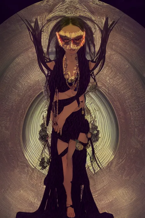 Image similar to a realistic dark photo of a mileena, woman, herpen dress jewelery and fractals in style of alphonse mucha art nuvo dmt trending on artstation made in unreal engine 4