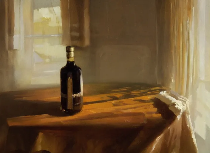 Prompt: oil painting of whiskey bottle, barley grain, art by anders zorn, wonderful masterpiece by greg rutkowski, beautiful cinematic light, american romanticism by greg manchess, creation by tyler edlin, folds of fabric, tablecloth, curtains, shiny oak table, polished wood