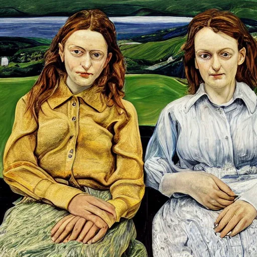 Prompt: a portrait of two beautiful sisters in a scenic environment by lucian freud