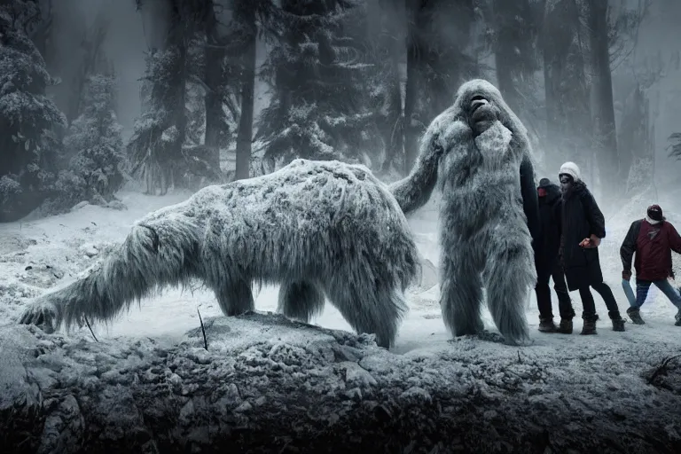 Prompt: photo of people gathering around a giant sleeping yeti, eerie atmosphere, fear, mystery, dramatic, 8 k uhd