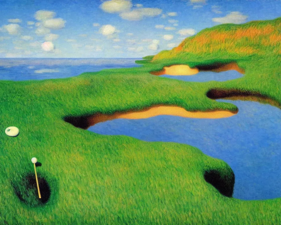 Prompt: achingly beautiful painting of pacific dunes hole 1 3 by rene magritte, monet, and turner.