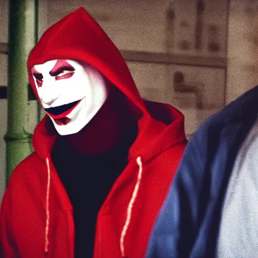 Image similar to grainy film still of niko bellic and a man wearing a red hoodie and a plastic clown mask from the dark knight returns's bank robbery scene, photorealistic