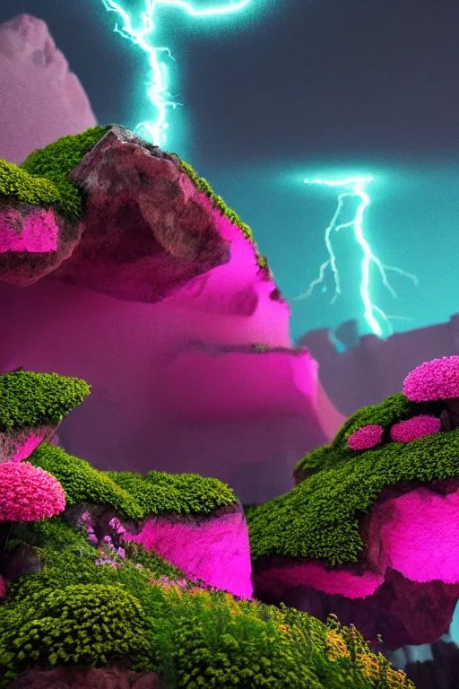 Prompt: a massive volume cave : 5, ; bright coloured natural flowers and ferns : 1 ; miniature tiny futuristic city : 3 ; endless plain with pink lightning clouds : 2, highly symmetrical, balanced, octane render hd, 4 k, ultra - realistic, in unreal engine, trending on artstation