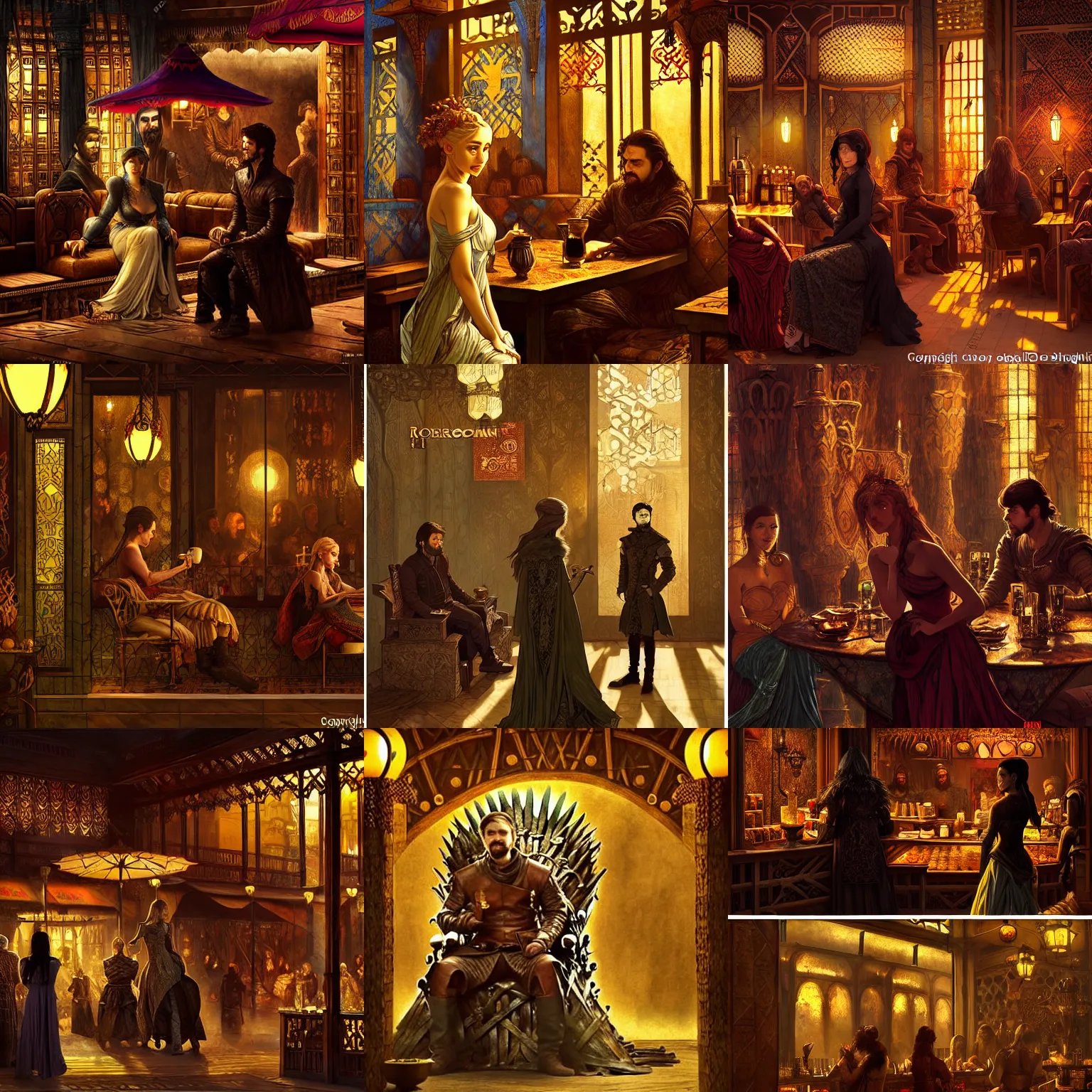 Prompt: Game of Thrones Neo Rococo Expressionist orientalism a coffee shop store in The City of High Garden at night with a few customers 🍸, extreme plus resolution fantasy concept art, intricate details to everything visible, sharp lighting, Dramatic light by denis villeneuve, strong emphasis on alphonse mucha, Makoto Shinkai