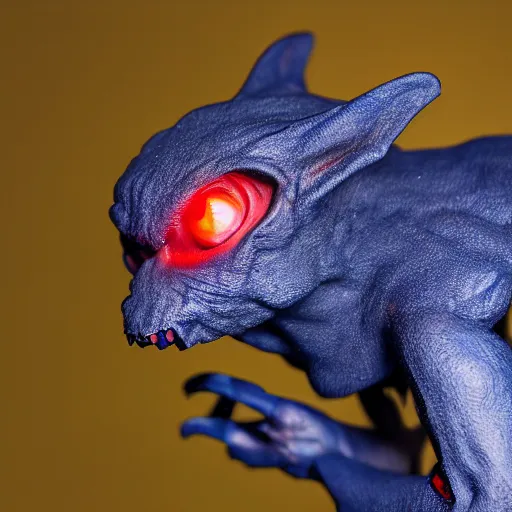 Image similar to detailed full body of scary giant mutant dark blue humanoid pygmy-bat, glowing red eyes, sharp teeth, acid leaking from mouth, realistic, giant, bat ears, bat nose, furred, detailed, 85mm f/1.4