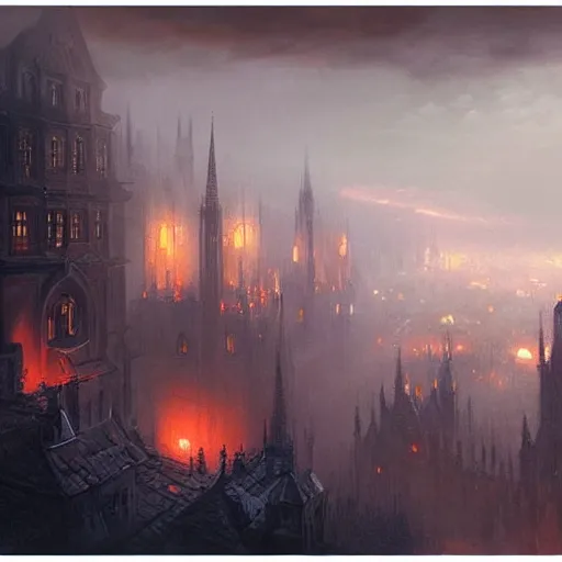 Image similar to A painting of a medieval city, dark fantasy, burning buildings, big red moon in the skies, city covered in fog, hyper detailed, high contrast, by Greg Rutkowski, trending on artstation