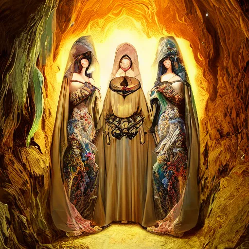 Image similar to The three moiras, dressed in robes of veils and with intricate jewels behind a large and detailed sculpted astrolabe, inside a cave with alien flowers, dramatic atmosphere, Diffused lighting, highly detailed digital art, trending on artstation, depth of field