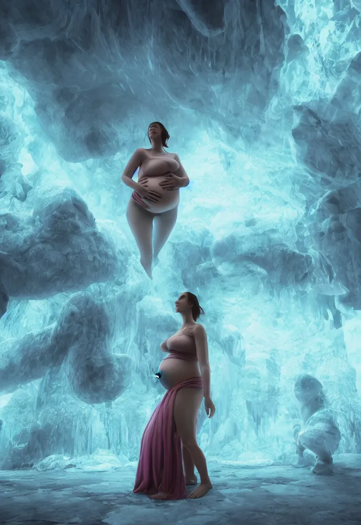 Image similar to epic leader pregnant woman talking to all her tribe with fluorescence bodies, proud people looking at the pregnant woman, ice cave, facinating, fantasy digital art, octane render, beautiful composition, trending on artstation, award - winning photograph, masterpiece