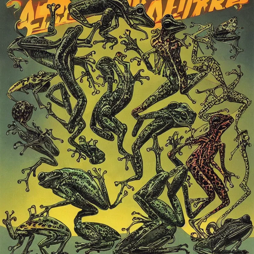 Prompt: alien frog, cheetah, and bird. strange anatomy. pulp sci - fi art