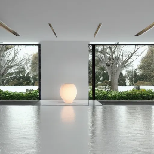 Image similar to peach - colored zen clean modern minimalist white room with koi pond by peter tarka in an ivory room well contoured smooth fair walls, up close shot, sharp focus, zen, clean, modern minimalist, octane highly render, 4 k, ultra hd,