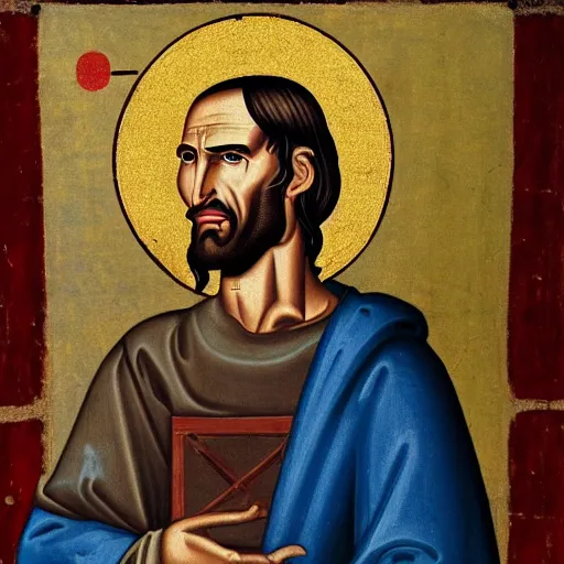 Image similar to Medieval painting of Steve Jobs as Jesus Dramatic. High resolution. Highly detailed. Art station. 8k