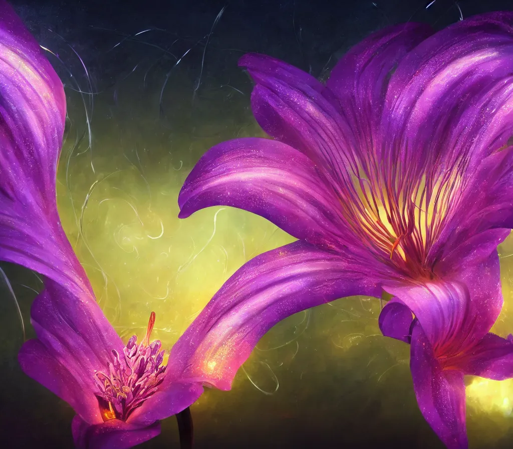 Prompt: detailed fantastic flower lily by artstation lucas parolin, dark night, neon lights, reflections ray, tracingstar trails, dramatic light, fluffy clouds, digital painting, igh detailed, 8 k render, perfect shape, hyperrealistic